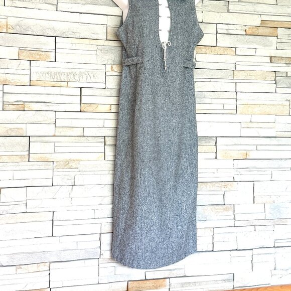 Grey Wool Midi Dress w/ White Lace-up Front Detail & a Back Slit Below the Knee - Picture 2 of 16